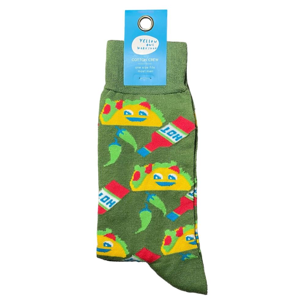 NEW Yellow Owl Workshop Men's Tacos Hot Sauce Cotton Crew Socks Green US 7 to 12